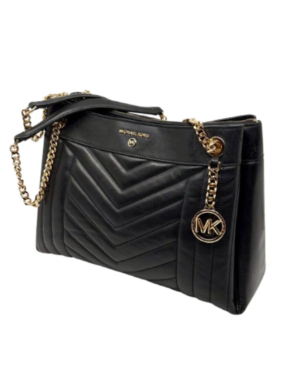MICHAEL KORS~Susan Medium Quilted Lambskin Leather Shoulder Bag – Black & Gold
